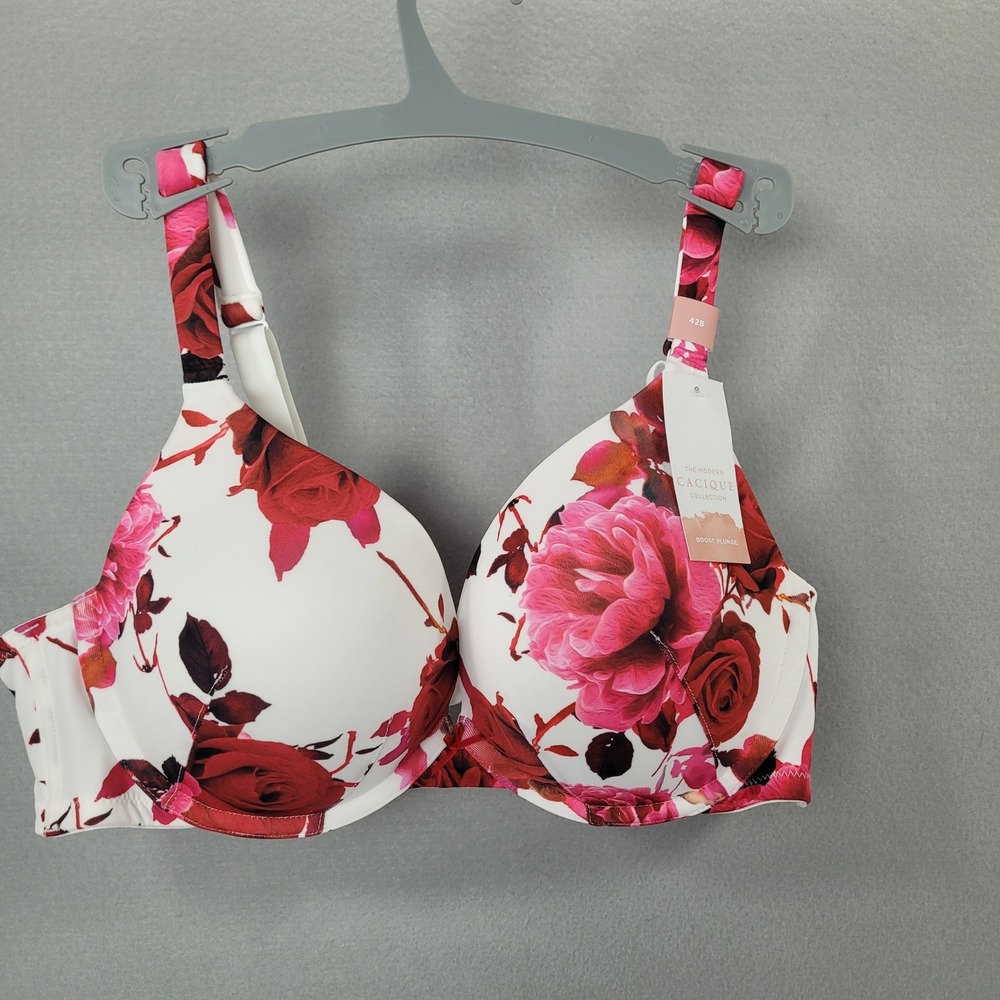 Cacique Bra Boost Plunge Floral Rose White Red Padded Underwire 42B NWT